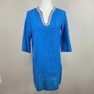 Lilly Pulitzer Blue & Gold Stripe Esme Lurex Crinkle Crepe Cover-Up/Tunic
